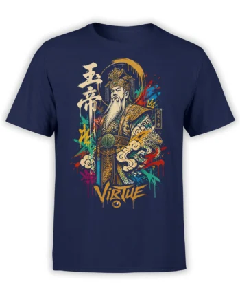 Chinese emperor graphic with ornate robes, colorful brushstrokes, and Virtue lettering on a navy T-shirt