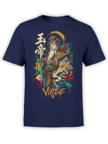 Chinese emperor graphic with ornate robes, colorful brushstrokes, and Virtue lettering on a navy T-shirt