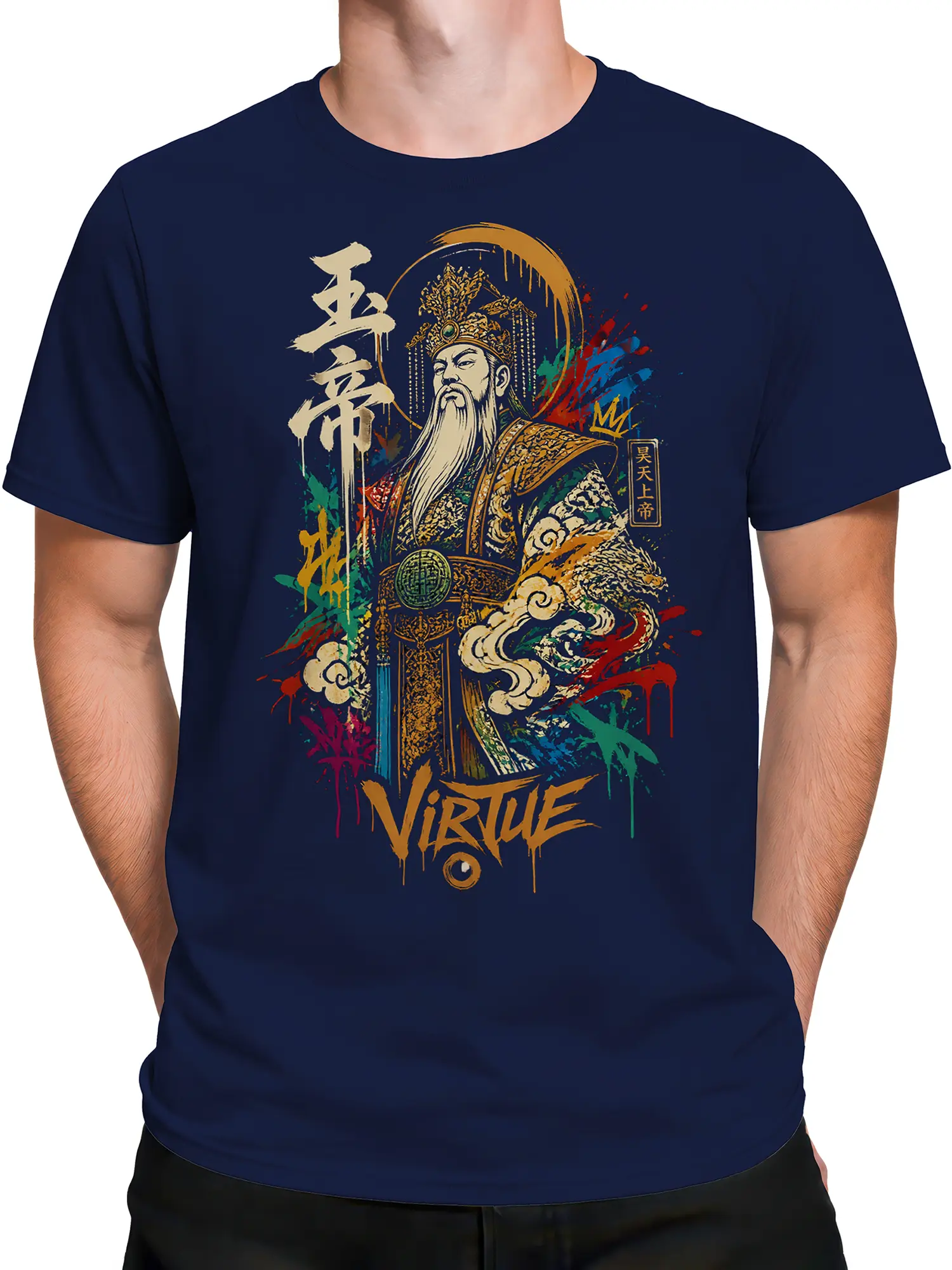 Male torso wearing a navy Chinese emperor graphic tee with ornate robes and colorful artwork