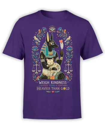 Purple T-shirt with Egyptian-inspired jackal figure, sleeping cat, feather, scales, and kindness message