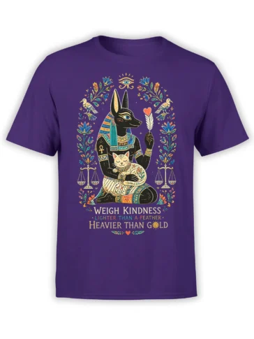 Purple T-shirt with Egyptian-inspired jackal figure, sleeping cat, feather, scales, and kindness message