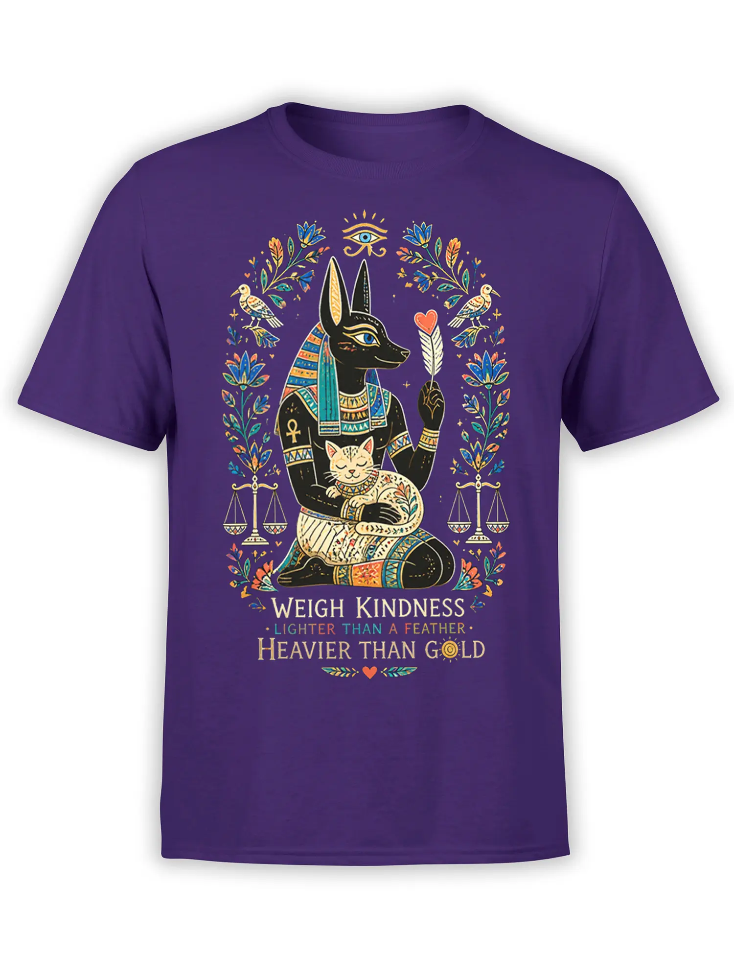 Purple T-shirt with Egyptian-inspired jackal figure, sleeping cat, feather, scales, and kindness message