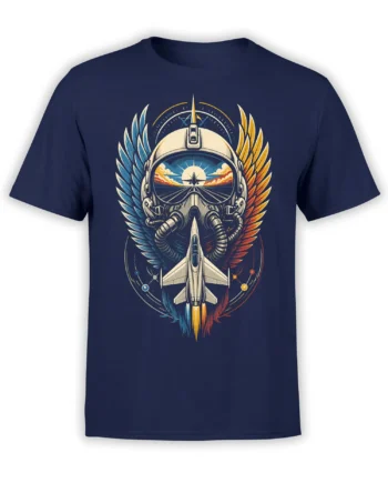 Jet pilot with oxygen mask and rising aircraft framed by blue and orange wings on a navy T-shirt