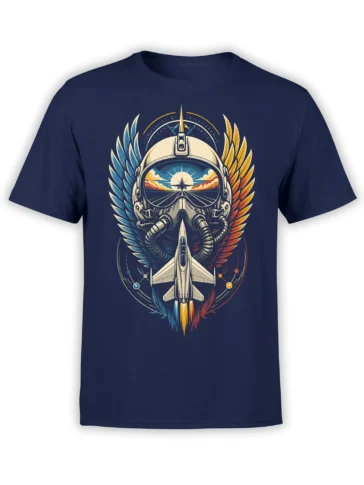 Jet pilot with oxygen mask and rising aircraft framed by blue and orange wings on a navy T-shirt