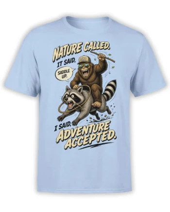 Light blue T-shirt with a monkey riding a raccoon and bold “Nature Called” adventure lettering