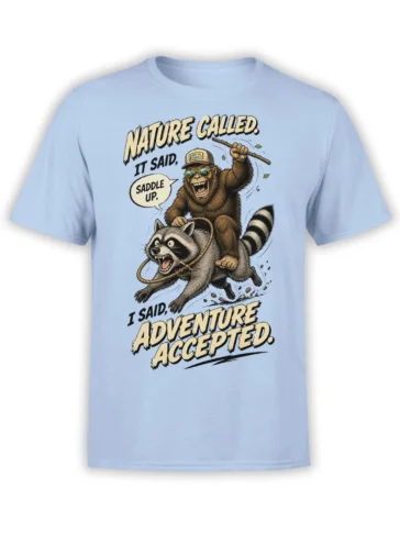 Light blue T-shirt with a monkey riding a raccoon and bold “Nature Called” adventure lettering