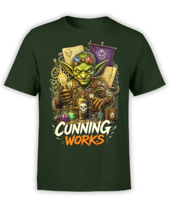 Green T-shirt with a detailed goblin inventor, goggles, potions, tools, and CUNNING WORKS lettering