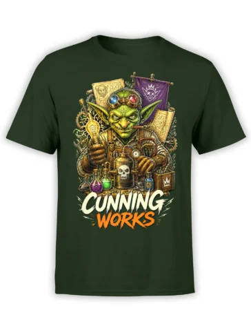 Green T-shirt with a detailed goblin inventor, goggles, potions, tools, and CUNNING WORKS lettering