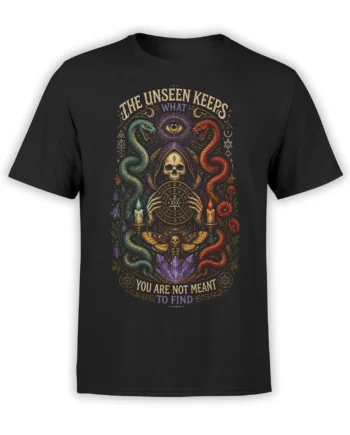 Black occult T-shirt with twin snakes, hooded skull, watchful eye, candles, crystals, and mystical symbols