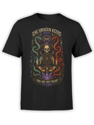 Black occult T-shirt with twin snakes, hooded skull, watchful eye, candles, crystals, and mystical symbols