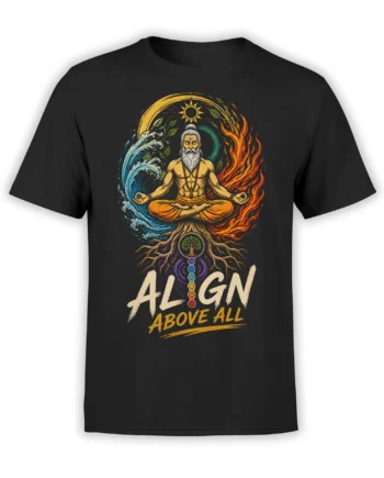 Black meditation shirt with bearded figure, fire, water, energy centers, and ALIGN ABOVE ALL design