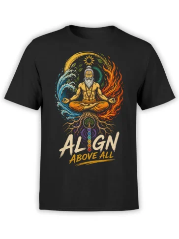 Black meditation shirt with bearded figure, fire, water, energy centers, and ALIGN ABOVE ALL design