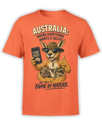 Orange Australia graphic tee featuring a kangaroo in sunglasses taking a selfie with native wildlife