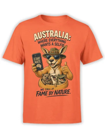 Orange Australia graphic tee featuring a kangaroo in sunglasses taking a selfie with native wildlife