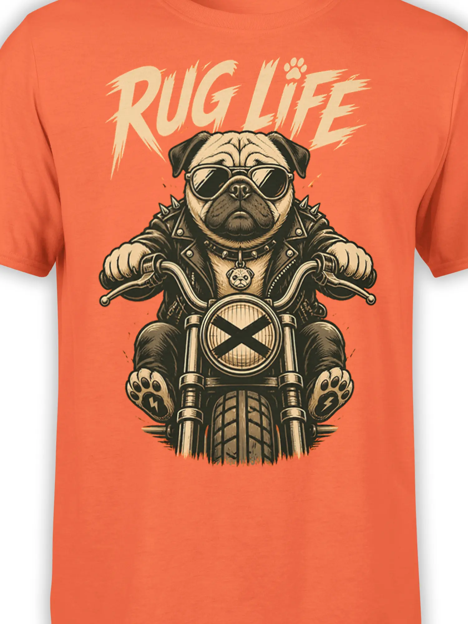 Close-up of the orange pug motorcycle graphic with sunglasses, spiked details, paw accents, and RUG LIFE text