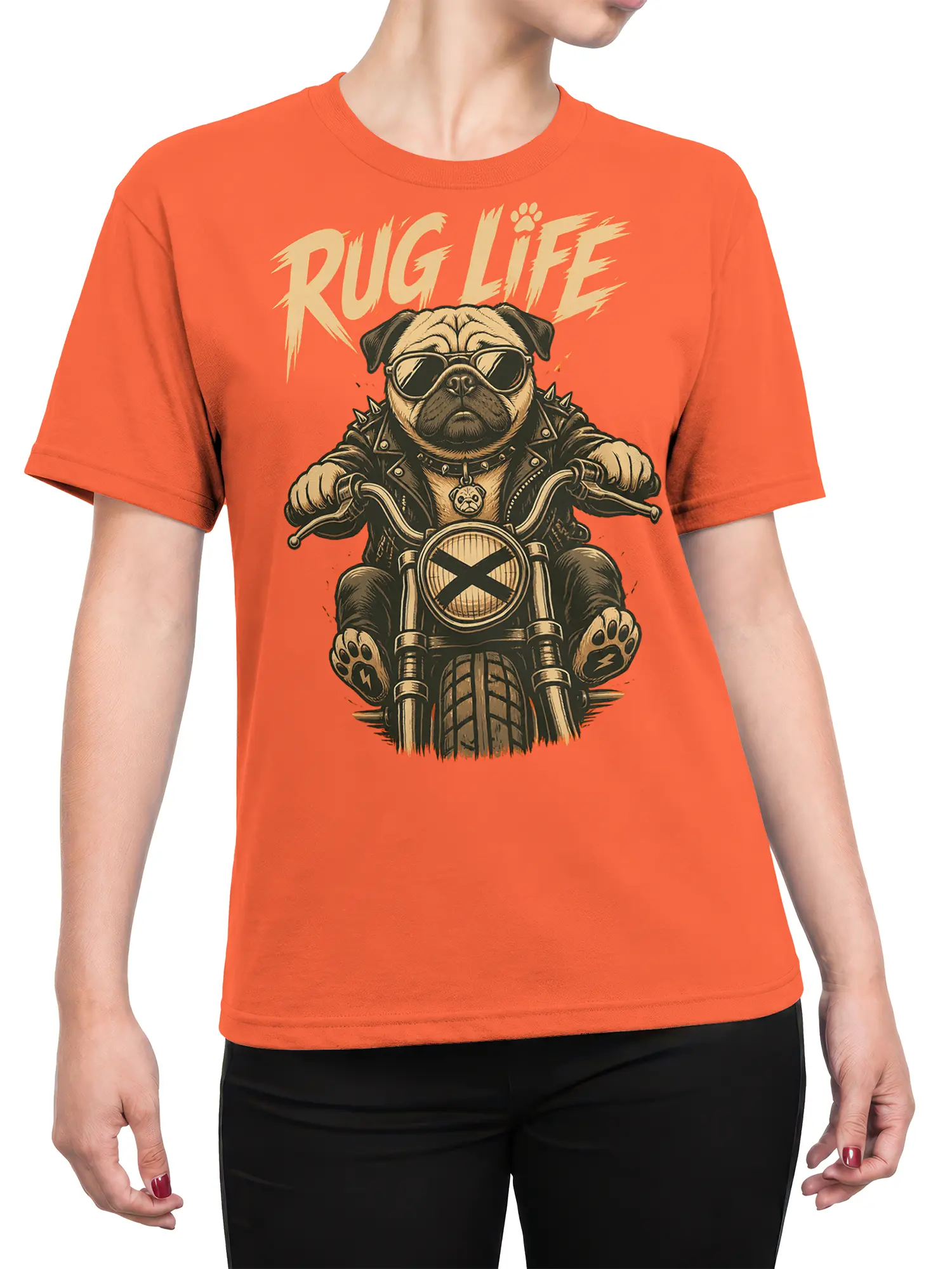 Female torso wearing an orange T-shirt with a vintage pug biker graphic and RUG LIFE lettering