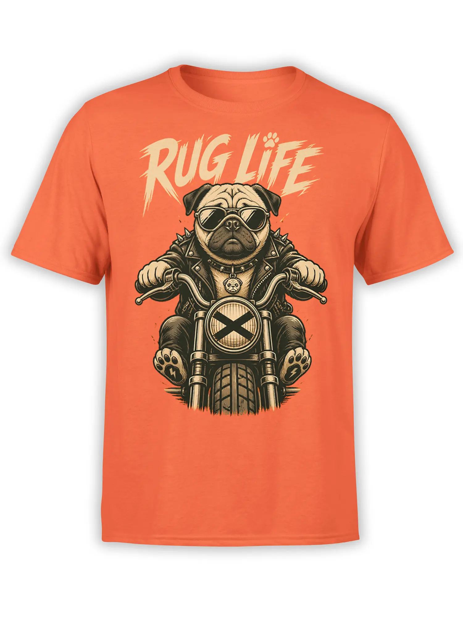Orange T-shirt with a sunglass-wearing pug in a leather jacket riding a motorcycle under RUG LIFE text