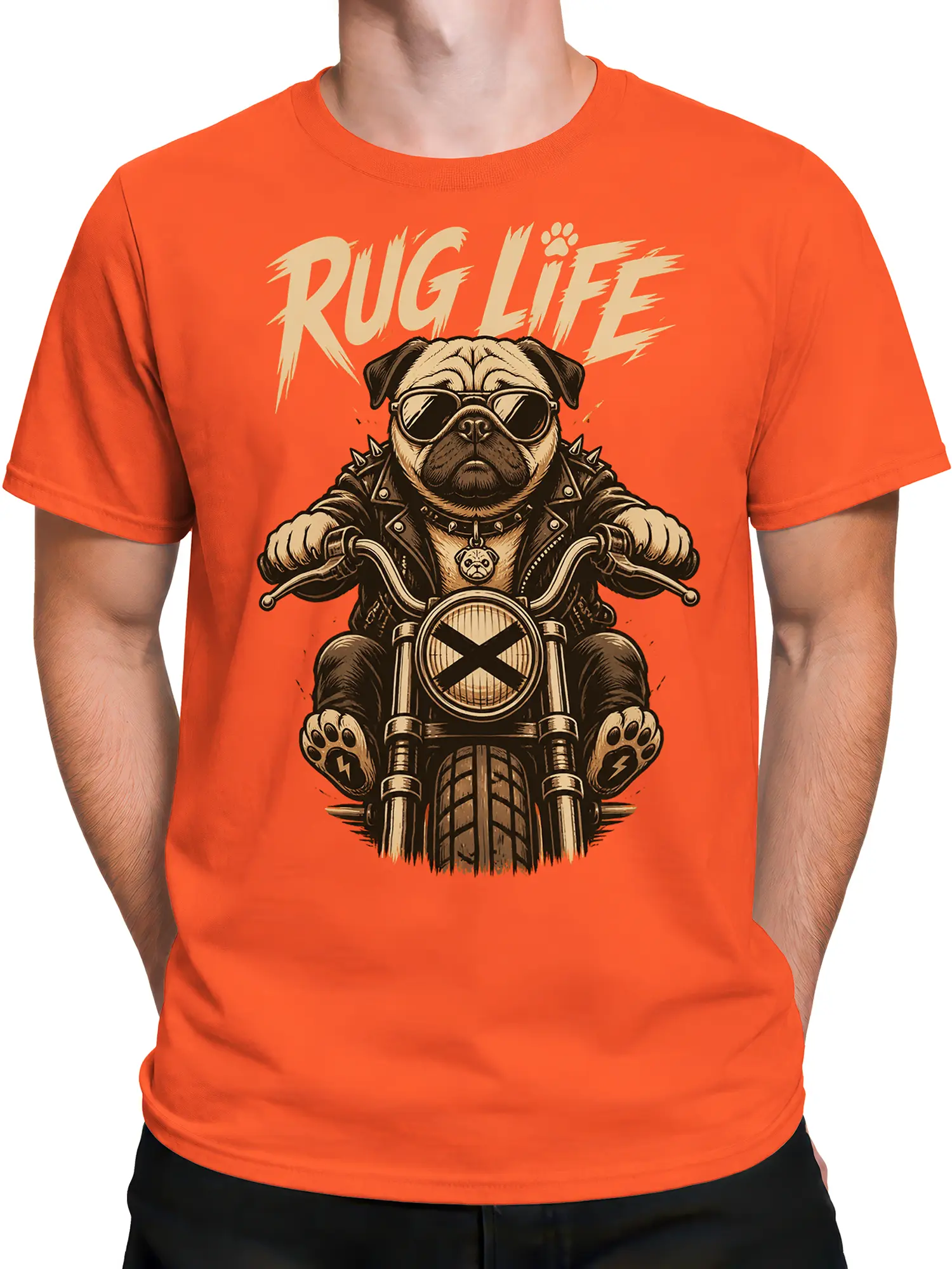 Male torso wearing an orange T-shirt with a sunglass-wearing pug motorcycle design