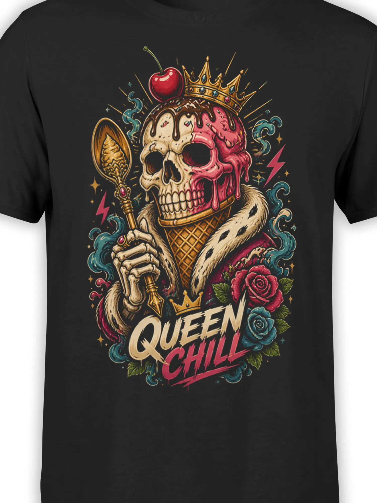 Close-up of crowned skull artwork with roses, lightning bolts, melting colors, and QUEEN CHILL lettering on black fabric