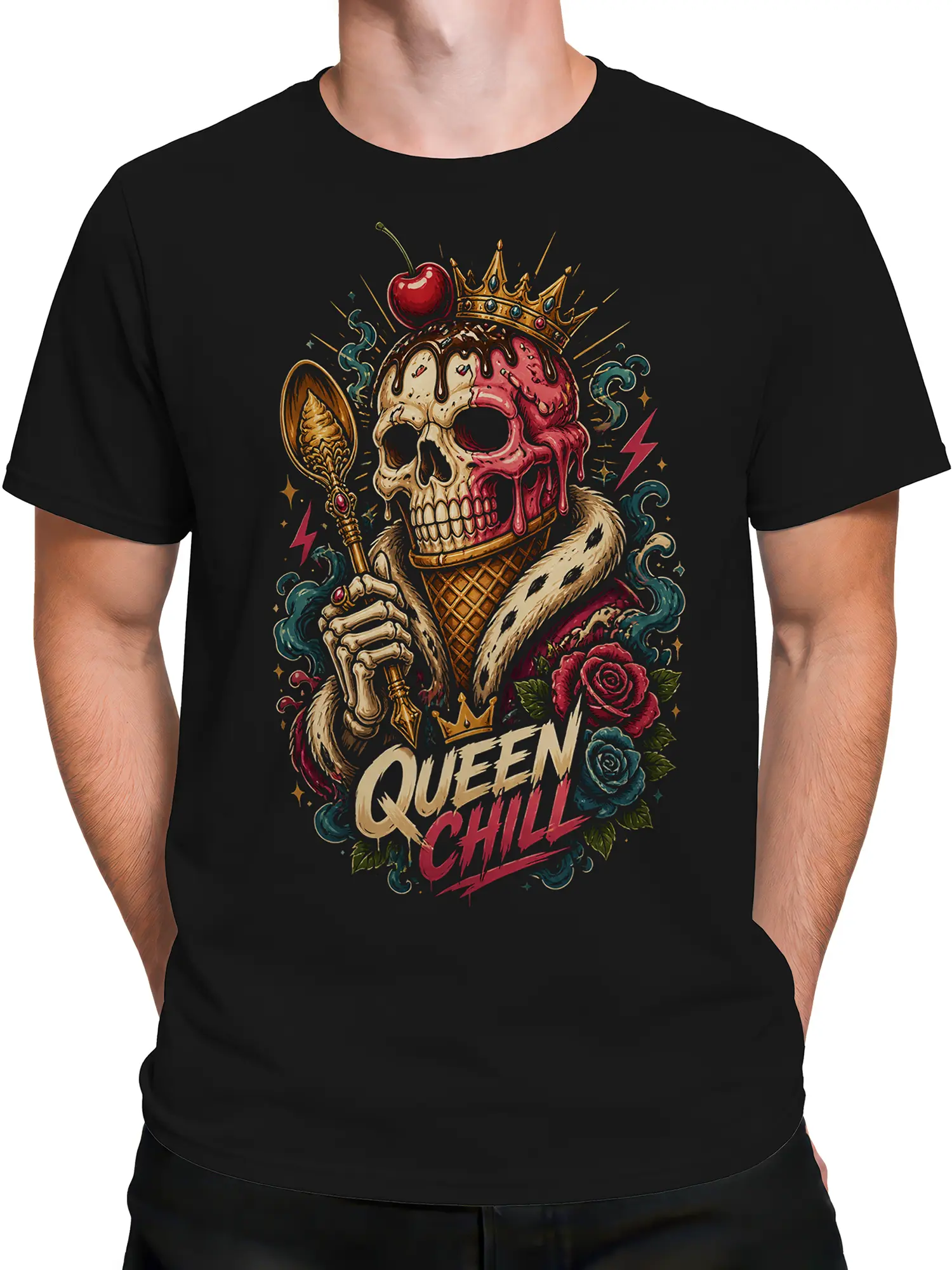 Male torso wearing a black crowned skull T-shirt with roses, lightning bolts, and QUEEN CHILL graphic lettering