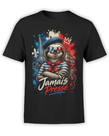 Black sloth t-shirt with beret, round sunglasses, red scarf, city landmarks, and Jamais Presse lettering