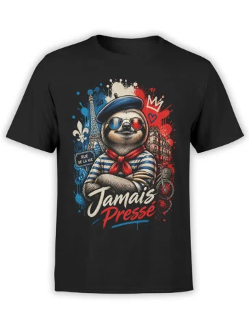 Black sloth t-shirt with beret, round sunglasses, red scarf, city landmarks, and Jamais Presse lettering