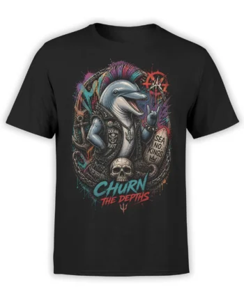 Black dolphin graphic tee with colorful mohawk, skull, chains, anchor, and CHURN THE DEPTHS lettering