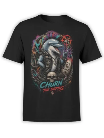 Black dolphin graphic tee with colorful mohawk, skull, chains, anchor, and CHURN THE DEPTHS lettering