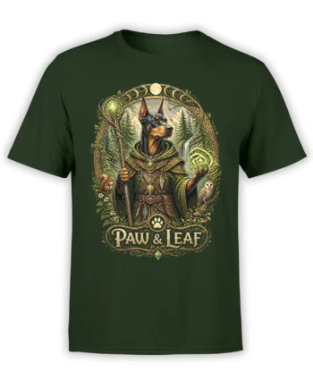 Dark green Doberman fantasy T-shirt with forest mage artwork, moon phases, owl, squirrel, and glowing green orb