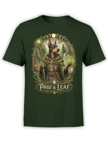 Dark green Doberman fantasy T-shirt with forest mage artwork, moon phases, owl, squirrel, and glowing green orb