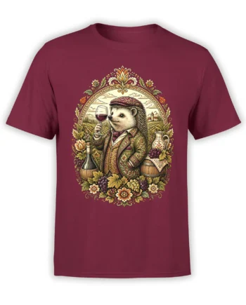Elegant hedgehog holding red wine among grapes and barrels on a burgundy graphic T-shirt