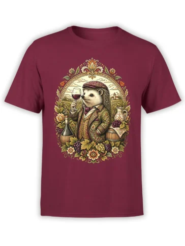 Elegant hedgehog holding red wine among grapes and barrels on a burgundy graphic T-shirt