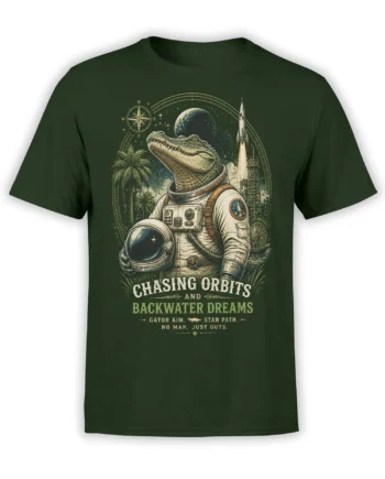 Green T-shirt with a vintage alligator astronaut, rocket, planet, compass, and “Chasing Orbits” adventure lettering