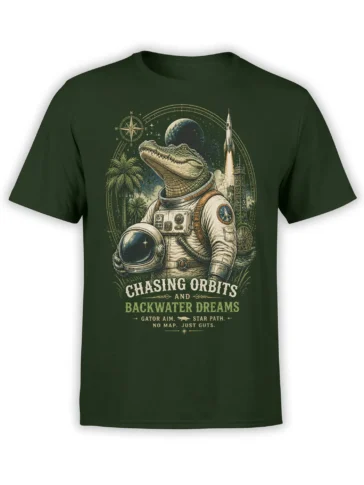 Green T-shirt with a vintage alligator astronaut, rocket, planet, compass, and “Chasing Orbits” adventure lettering