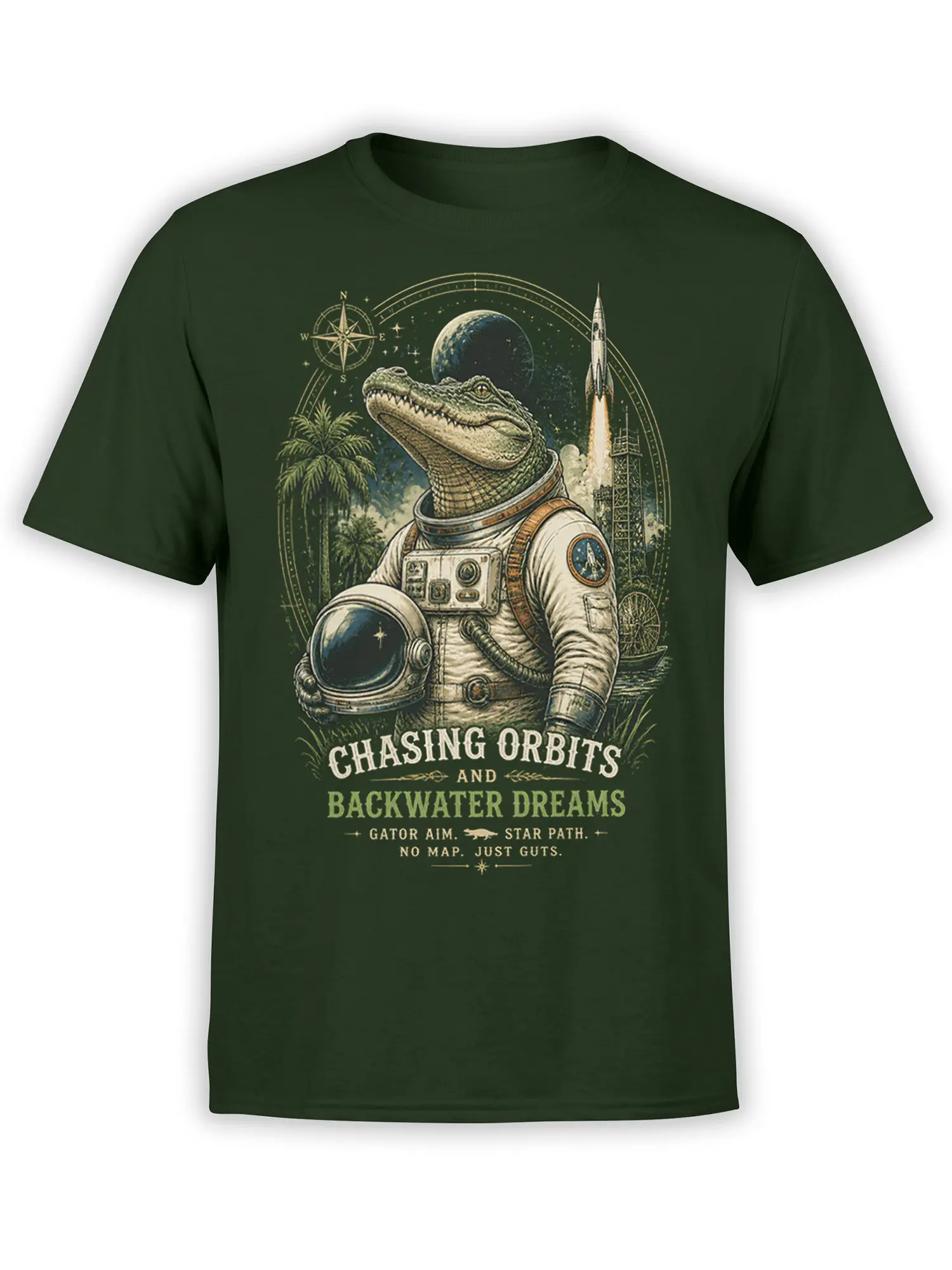 Green T-shirt with a vintage alligator astronaut, rocket, planet, compass, and “Chasing Orbits” adventure lettering
