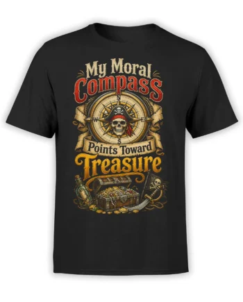Black pirate T-shirt with skull compass, treasure chest, sword, gold coins, and vintage treasure lettering