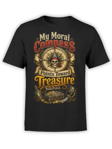 Black pirate T-shirt with skull compass, treasure chest, sword, gold coins, and vintage treasure lettering