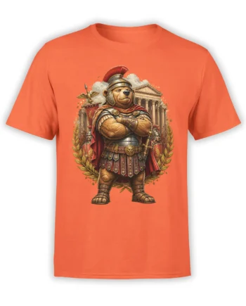 Armored Roman bear graphic on an orange T-shirt with laurel branches, banners, sword, and classical columns