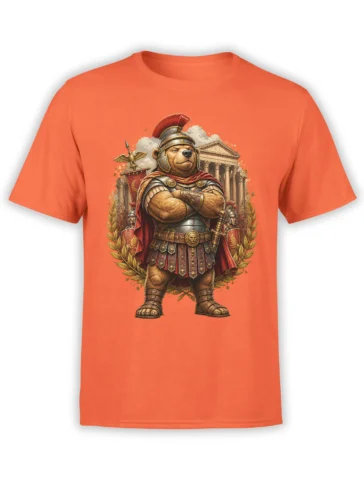 Armored Roman bear graphic on an orange T-shirt with laurel branches, banners, sword, and classical columns