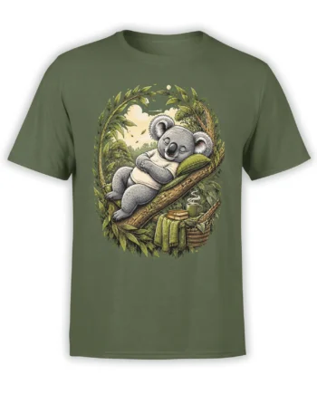 Green T-shirt featuring a sleeping gray koala on a leafy branch with books, tea, blanket, and basket