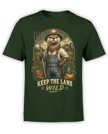 Green T-shirt with vintage otter farmer graphic, farm landscape, pumpkins, and “Keep the Land Wild” message