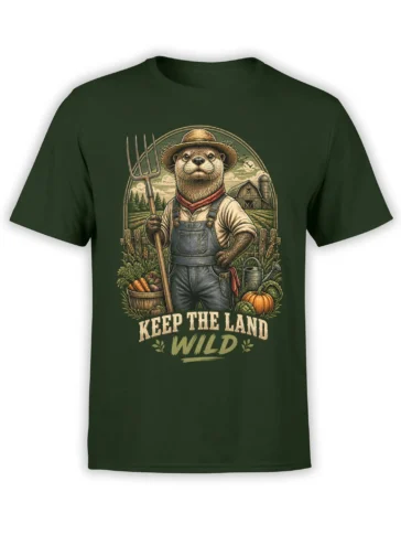 Green T-shirt with vintage otter farmer graphic, farm landscape, pumpkins, and “Keep the Land Wild” message