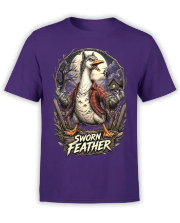 Purple T-shirt with a fierce goose warrior in a red plaid jacket beneath a full moon