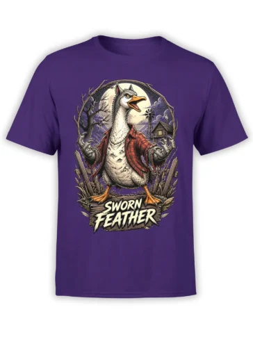 Purple T-shirt with a fierce goose warrior in a red plaid jacket beneath a full moon