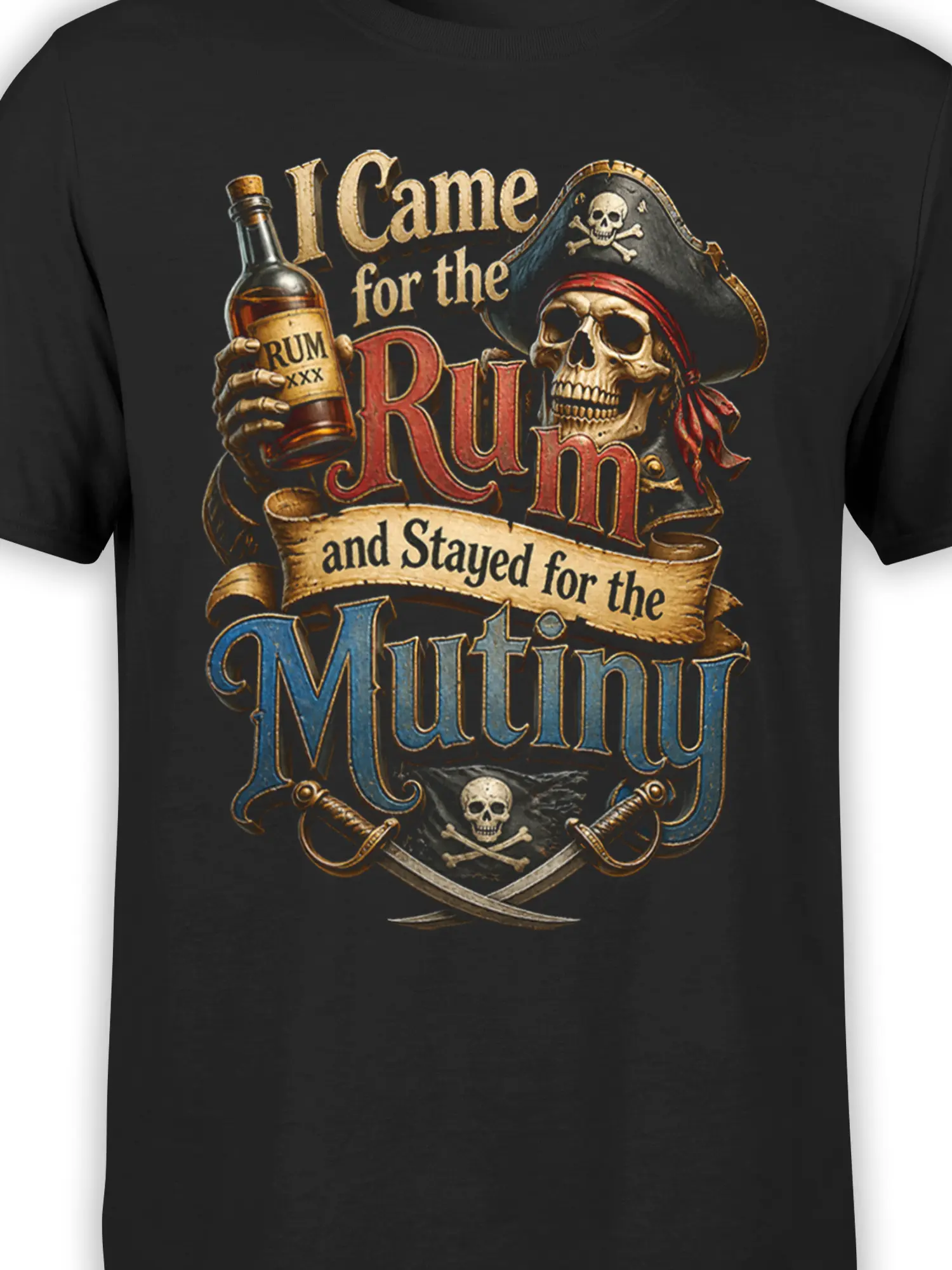 Close-up of pirate skeleton captain, rum bottle, skull details, and colorful vintage lettering on black fabric