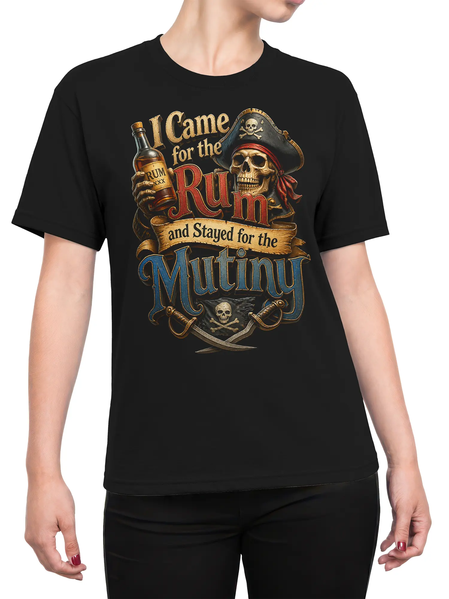 Female torso wearing a black pirate skeleton T-shirt with rum bottle, crossed cutlasses, and mutiny artwork