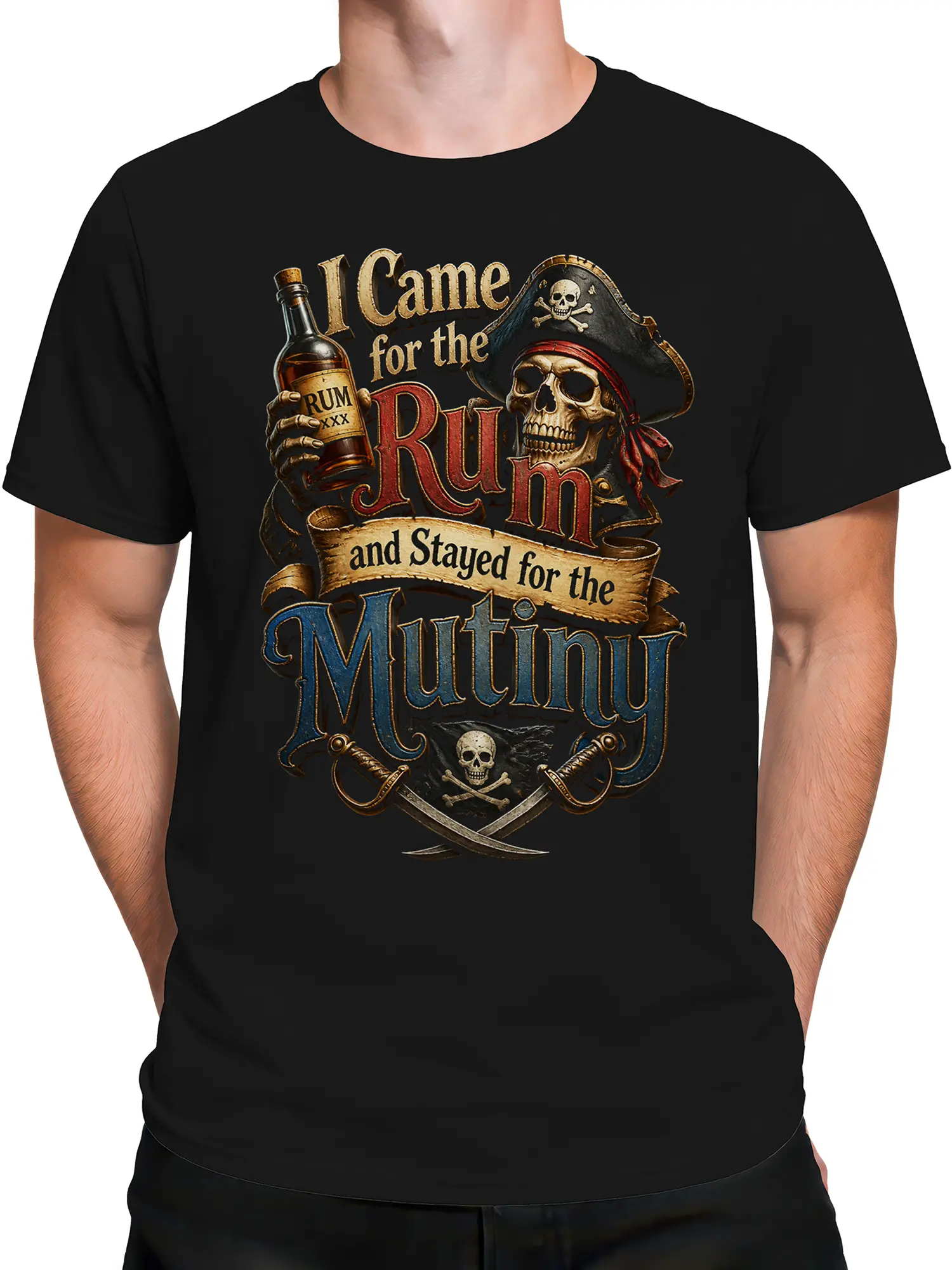 Male torso wearing a black vintage pirate T-shirt with skeleton captain and rum-themed mutiny graphic