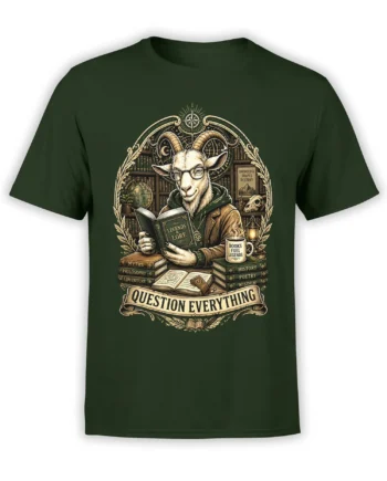 Dark green T-shirt with a horned scholar reading among books, maps, and legends