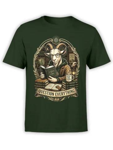 Dark green T-shirt with a horned scholar reading among books, maps, and legends