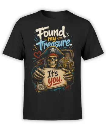 Black T-shirt with a skeleton pirate, treasure chest, compass, and “Found My Treasure” romantic design